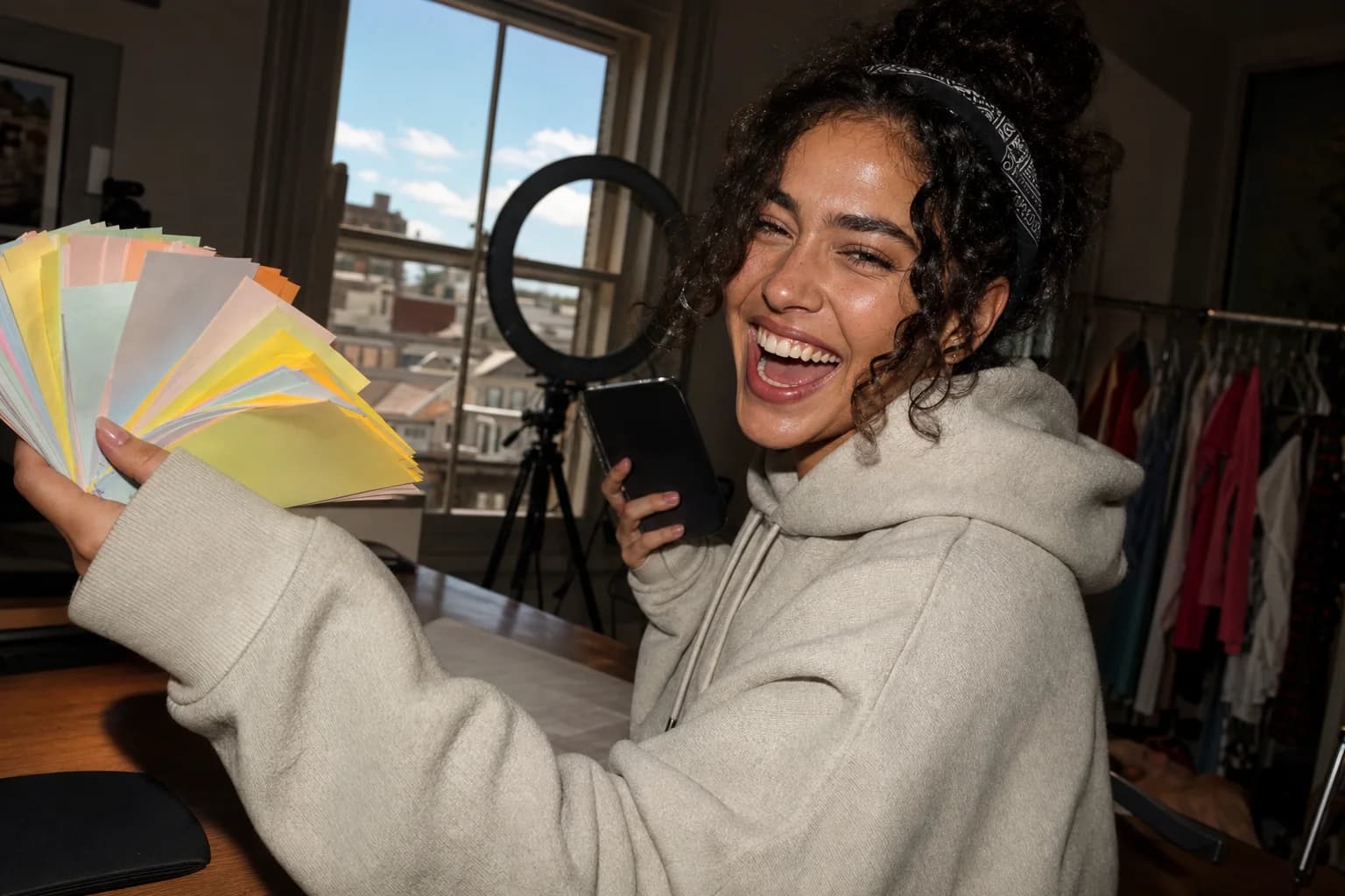Young woman at a sunlit desk laughs while fanning out a thick stack of paper slips in one hand, phone in the other.