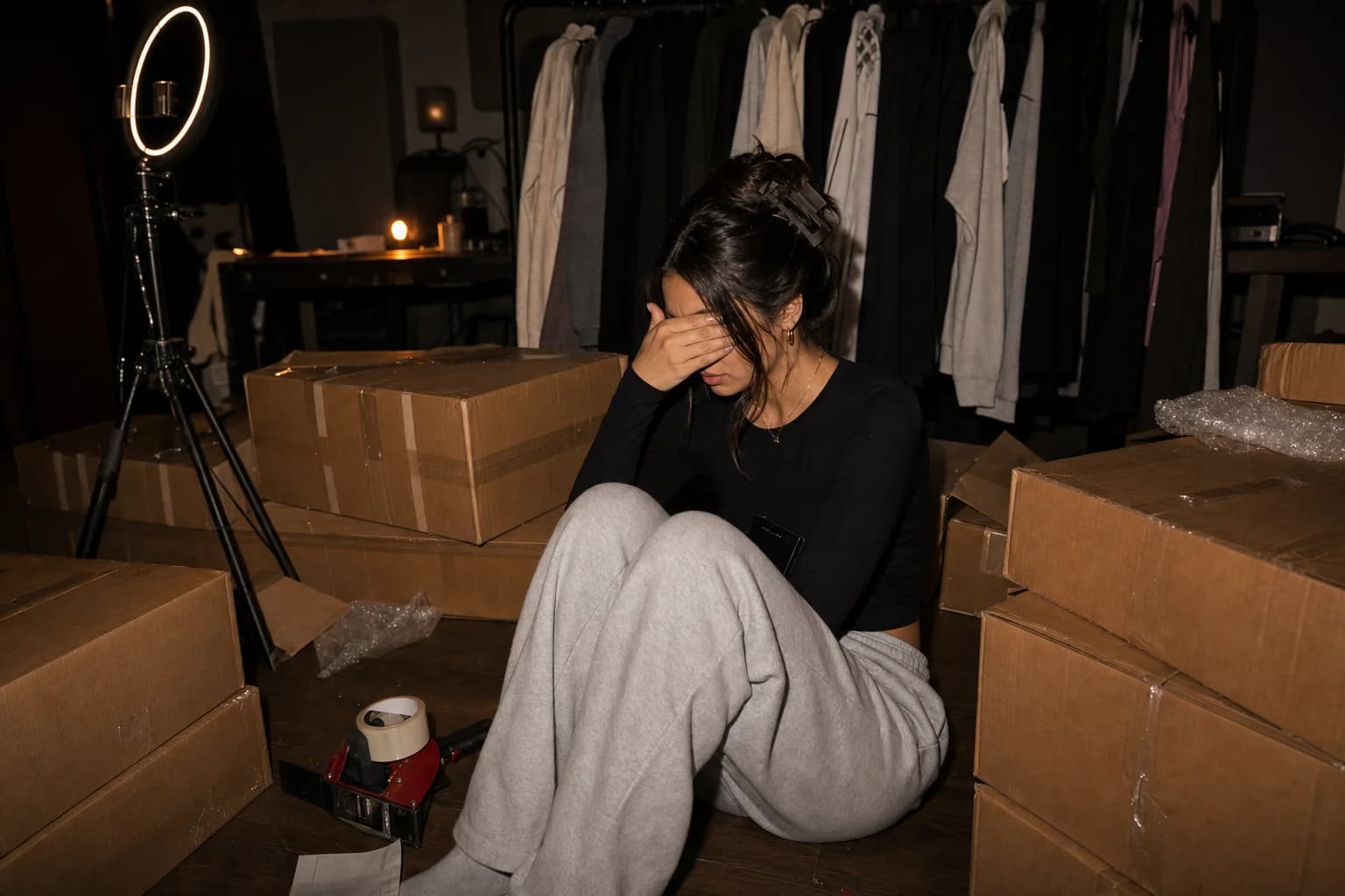 A woman sits on a studio floor ringed by sealed shipping boxes, hand over her eyes, phone face-down in her lap.