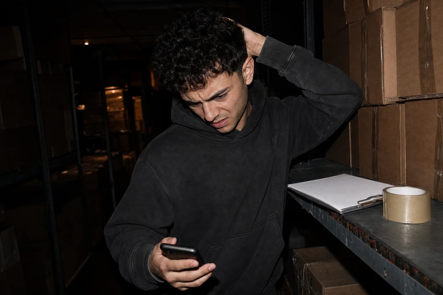Man in a black hoodie grimacing at his phone in a dark stockroom, hand behind his head, boxes stacked around him