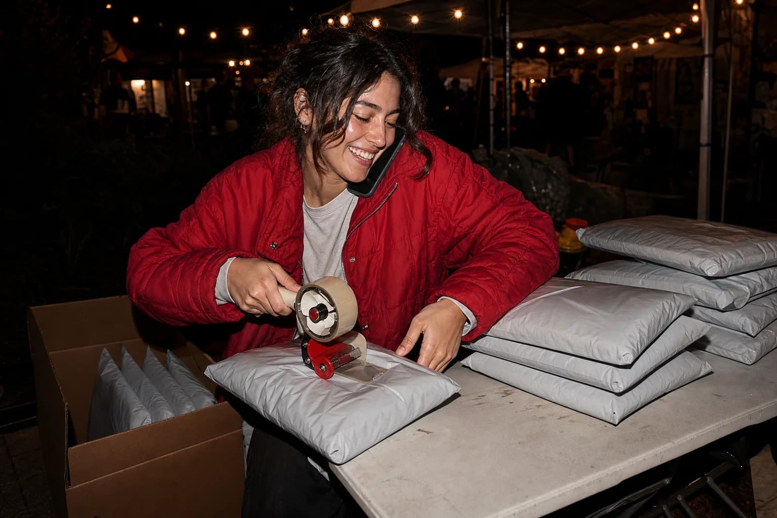 Woman in a red puffer taping a mailer at a night market stall, phone wedged at her ear, stacks of parcels beside her